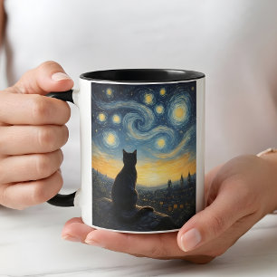 Starry Night Black Cat Rooftop Art Coffee Mug