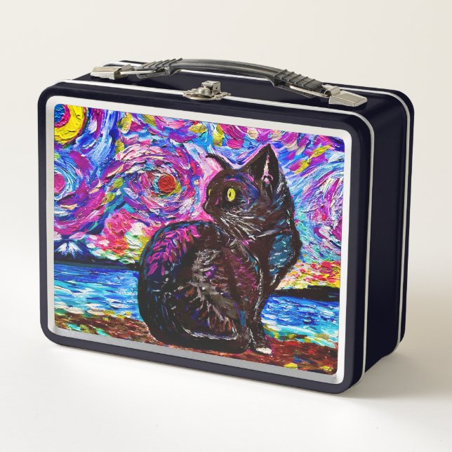 Starry Night Black Kitty Cat Metal Lunch Box (Front)