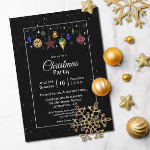 Starry Night Black White Border Christmas Party Invitation