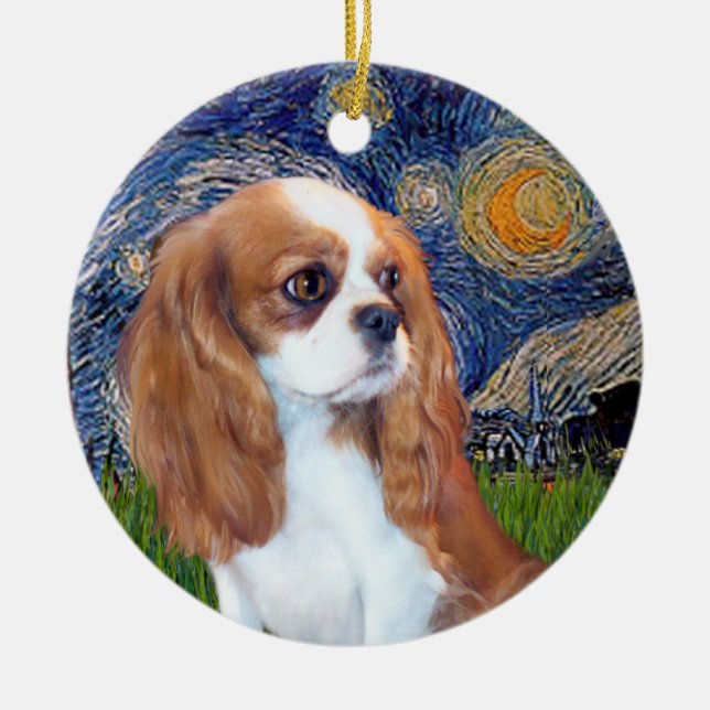 Starry Night - Blenheim Cavalier Puppy Ceramic Ornament (Front)