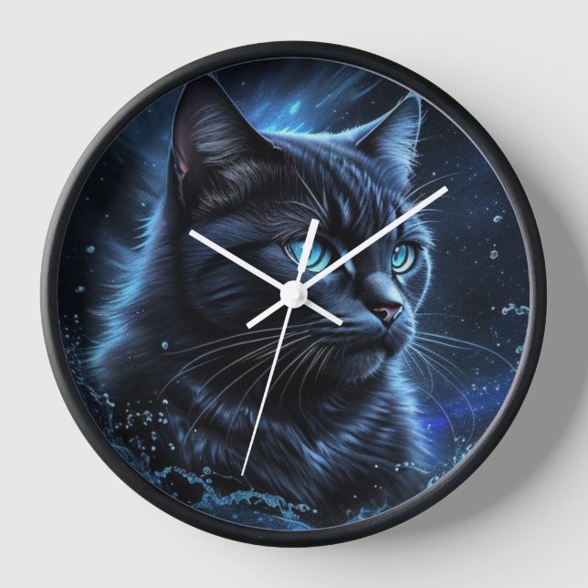 Starry Night Blue Black Cat Splash Art  Clock (Front)