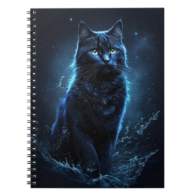 Starry Night Blue Black Cat Splash Art  Notebook (Front)