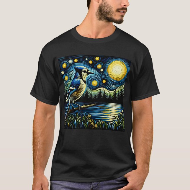 Starry Night Blue Jay Van Gogh Bird Lover T-Shirt (Front)