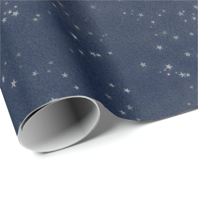 Starry Night Blue Navy White Grey Silver Confetti Wrapping Paper (Roll Corner)