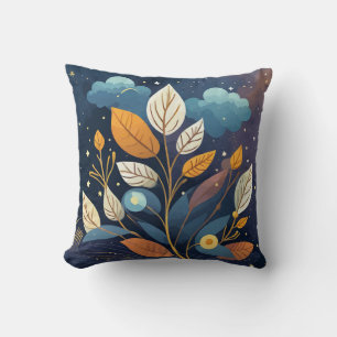 Starry Night Blue Orange Autumn Leaves Cushion