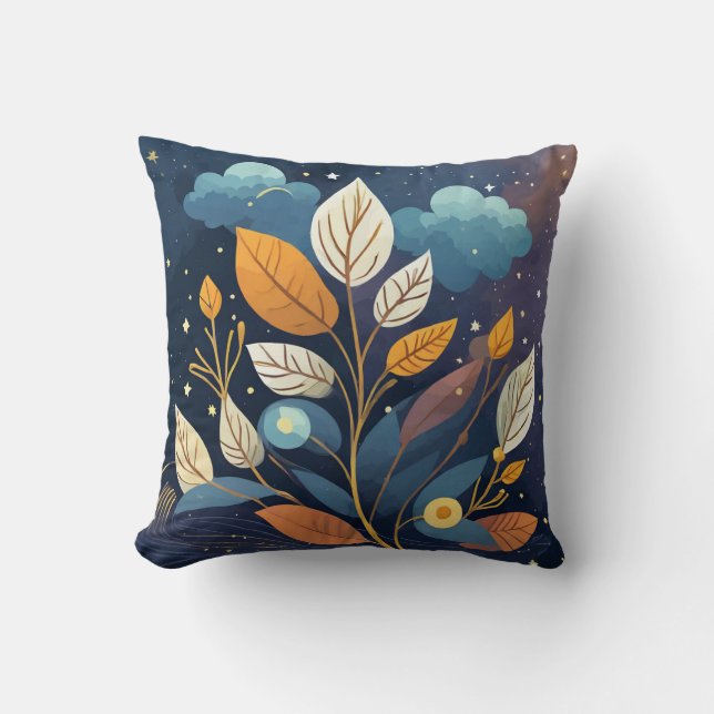 Starry Night Blue Orange Autumn Leaves Cushion (Front)