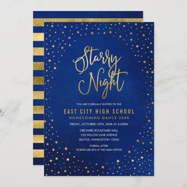 Starry Night Blue Watercolor Faux Gold Scool Dance Invitation (Front/Back)