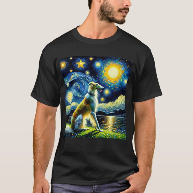 Starry Night Borzoi Dog Van Gogh Lover T-Shirt (Front)
