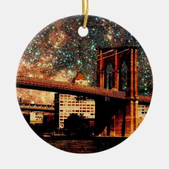 Starry Night Brooklyn Bridge Ceramic Tree Decoration (Front)