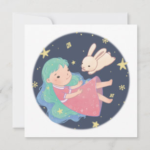 Starry Night Bunny & Girl Illustration Invitation