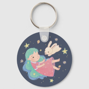 Starry Night Bunny & Girl Illustration Key Ring