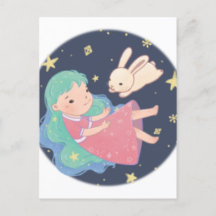 Starry Night Bunny & Girl Illustration Postcard