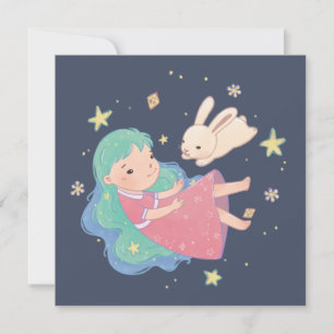 Starry Night Bunny & Girl Illustration Thank You Card