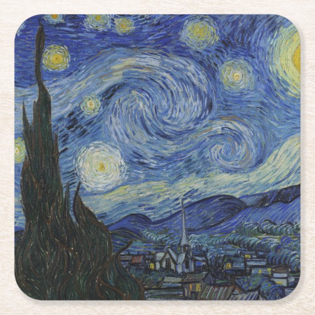 "Starry Night" by Van Gogh Square Paper Coaster (Front)