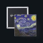 Starry Night by Vincent van Gogh 15 Cm Square Badge<br><div class="desc">Starry Night by Vincent van Gogh is a vintage fine art post impressionism landscape cityscape painting featuring a view of Saint Remy, France from van Gogh's asylum. The night sky is swirling with clouds with a bright crescent moon and shining stars over the quaint village. Starry Night is probably van...</div>