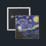 Starry Night by Vincent van Gogh 15 Cm Square Badge<br><div class="desc">Starry Night by Vincent van Gogh is a vintage fine art post impressionism landscape cityscape painting featuring a view of Saint Remy, France from van Gogh's asylum. The night sky is swirling with clouds with a bright crescent moon and shining stars over the quaint village. Starry Night is probably van...</div>