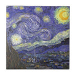 Starry Night by Vincent van Gogh Ceramic Tile<br><div class="desc">Starry Night by Vincent van Gogh is a vintage fine art post impressionism landscape cityscape painting featuring a view of Saint Remy, France from van Gogh's asylum. The night sky is swirling with clouds with a bright crescent moon and shining stars over the quaint village. Starry Night is probably van...</div>