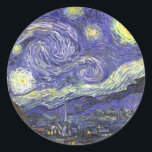 Starry Night by Vincent van Gogh Classic Round Sticker<br><div class="desc">Starry Night by Vincent van Gogh is a vintage fine art post impressionism landscape cityscape painting featuring a view of Saint Remy, France from van Gogh's asylum. The night sky is swirling with clouds with a bright crescent moon and shining stars over the quaint village. Starry Night is probably van...</div>