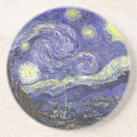 Starry Night by Vincent van Gogh Coaster<br><div class="desc">Starry Night by Vincent van Gogh is a vintage fine art post impressionism landscape cityscape painting featuring a view of Saint Remy, France from van Gogh's asylum. The night sky is swirling with clouds with a bright crescent moon and shining stars over the quaint village. Starry Night is probably van...</div>
