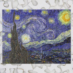 Starry Night by Vincent van Gogh Jigsaw Puzzle<br><div class="desc">Starry Night by Vincent van Gogh is a vintage fine art post impressionism landscape cityscape painting featuring a view of Saint Remy, France from van Gogh's asylum. The night sky is swirling with clouds with a bright crescent moon and shining stars over the quaint village. Starry Night is probably van...</div>