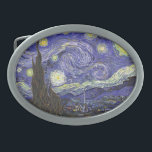 Starry Night by Vincent van Gogh Oval Belt Buckle<br><div class="desc">Starry Night by Vincent van Gogh is a vintage fine art post impressionism landscape cityscape painting featuring a view of Saint Remy, France from van Gogh's asylum. The night sky is swirling with clouds with a bright crescent moon and shining stars over the quaint village. Starry Night is probably van...</div>