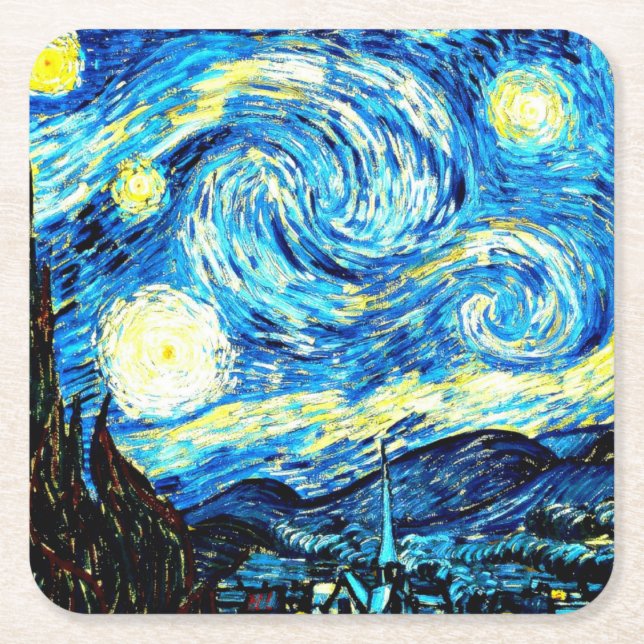 Starry Night by Vincent van Gogh Square Paper Coaster (Front)