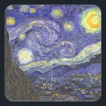 Starry Night by Vincent van Gogh Square Sticker<br><div class="desc">Starry Night by Vincent van Gogh is a vintage fine art post impressionism landscape cityscape painting featuring a view of Saint Remy, France from van Gogh's asylum. The night sky is swirling with clouds with a bright crescent moon and shining stars over the quaint village. Starry Night is probably van...</div>
