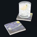 Starry Night by Vincent van Gogh Stone Coaster<br><div class="desc">Starry Night by Vincent van Gogh is a vintage fine art post impressionism landscape cityscape painting featuring a view of Saint Remy, France from van Gogh's asylum. The night sky is swirling with clouds with a bright crescent moon and shining stars over the quaint village. Starry Night is probably van...</div>