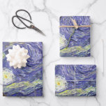 Starry Night by Vincent van Gogh Wrapping Paper Sheet<br><div class="desc">Starry Night by Vincent van Gogh is a vintage fine art post impressionism landscape cityscape painting featuring a view of Saint Remy, France from van Gogh's asylum. The night sky is swirling with clouds with a bright crescent moon and shining stars over the quaint village. Starry Night is probably van...</div>