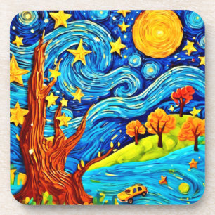 Starry Night Cartoon: Surrealism Inspired Art Coaster