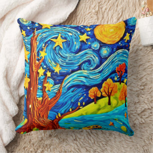 Starry Night Cartoon: Surrealism Inspired Art Cushion