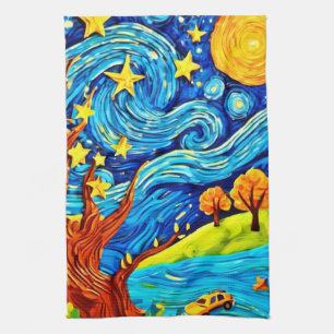 Starry Night Cartoon: Surrealism Inspired Art Tea Towel