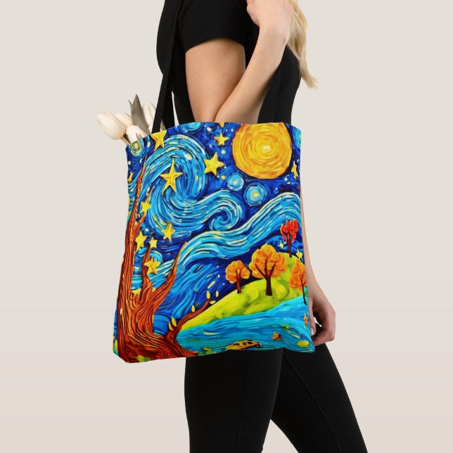 Starry Night Cartoon: Surrealism Inspired Art Tote Bag (Close Up)