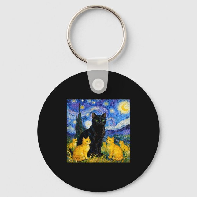 Starry Night Cat Artistic Black Cat &amp; Kittens  Key Ring (Front)