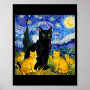 Starry Night Cat Artistic Black Cat & Kittens Poster
