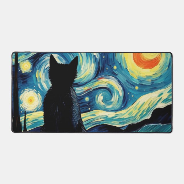Starry Night Cat Desk Mat (Front)
