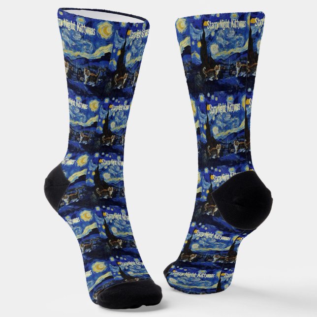 Starry Night Cat Lovers Festive Christmas Socks (Angled)