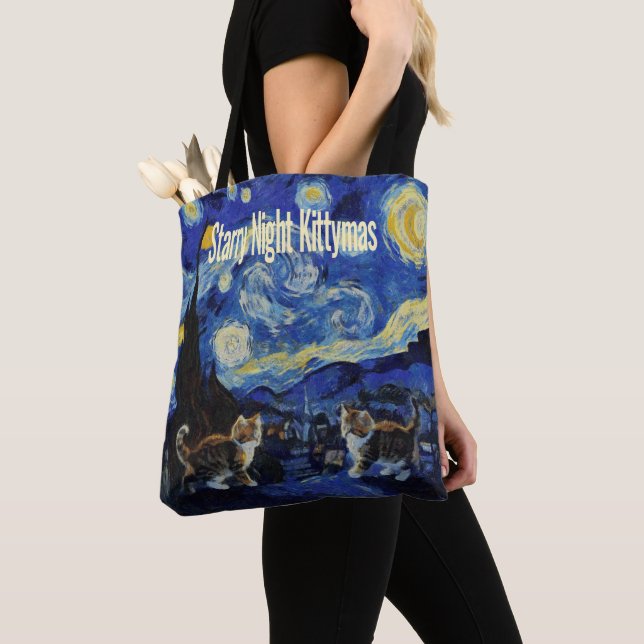 Starry Night Cat Lovers Festive Christmas Tote Bag (Close Up)