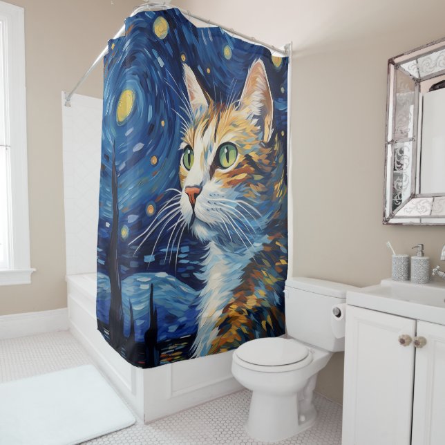 Starry Night Cat Shower Curtain (In Situ)