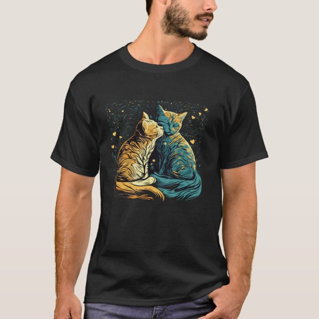 Starry Night Cat Van Gogh Cat Funny Couples Cat Lo T-Shirt (Front)