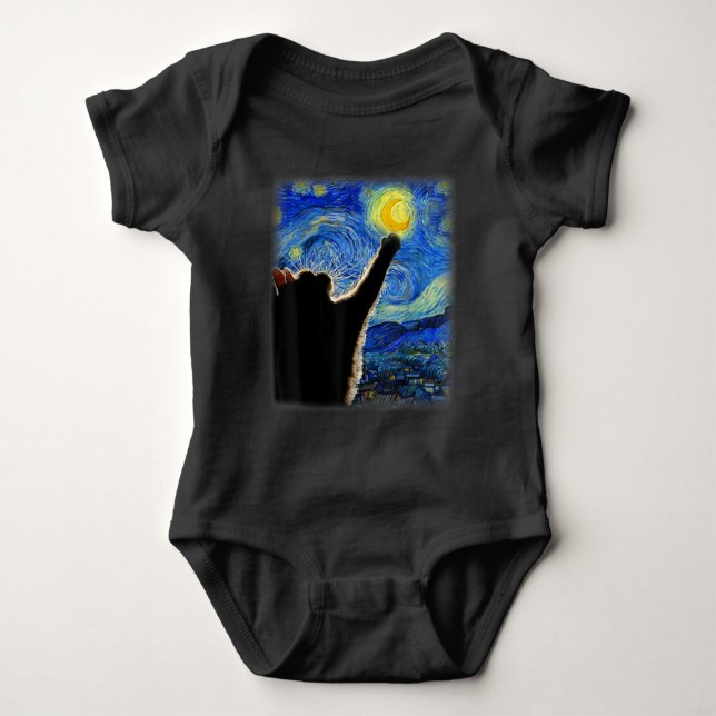 Starry Night Cat, Van Gogh Cat Lover Cat Dad Mom T Baby Bodysuit (Front)