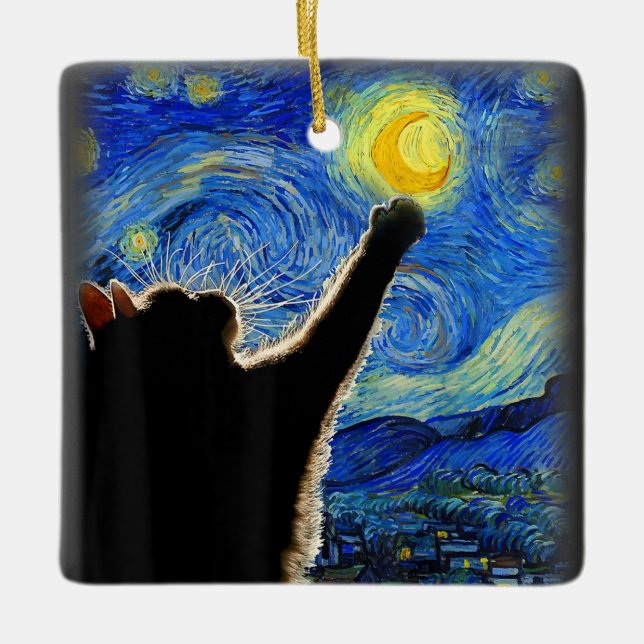 Starry Night Cat, Van Gogh Cat Lover Cat Dad Mum T Ceramic Ornament (Front)