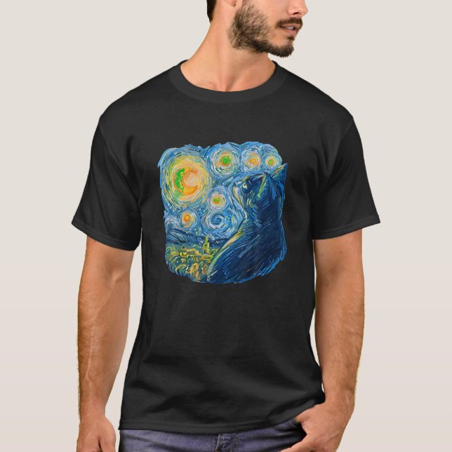 Starry Night Cat van Gogh Famous Painting T Shirt (Front)