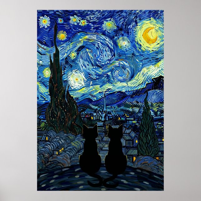 Starry Night Cat Van Gogh Inspired Starry Sky Poster (Front)