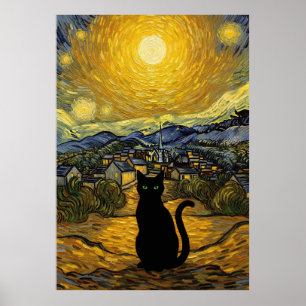 Starry Night Cat Van Gogh Inspired Starry Sky Poster