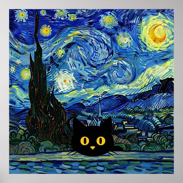 Starry Night Cat Van Gogh Inspired Starry Sky Poster (Front)