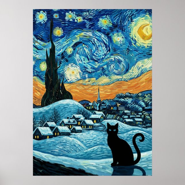 Starry Night Cat Van Gogh Inspired Starry Sky Poster (Front)
