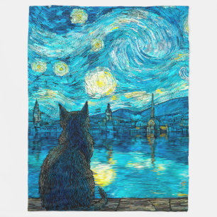 Starry Night Cat – Van Gogh Style Cat Art Fleece Blanket