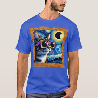 Starry night cat wearing sunglasses in eclipse T-Shirt