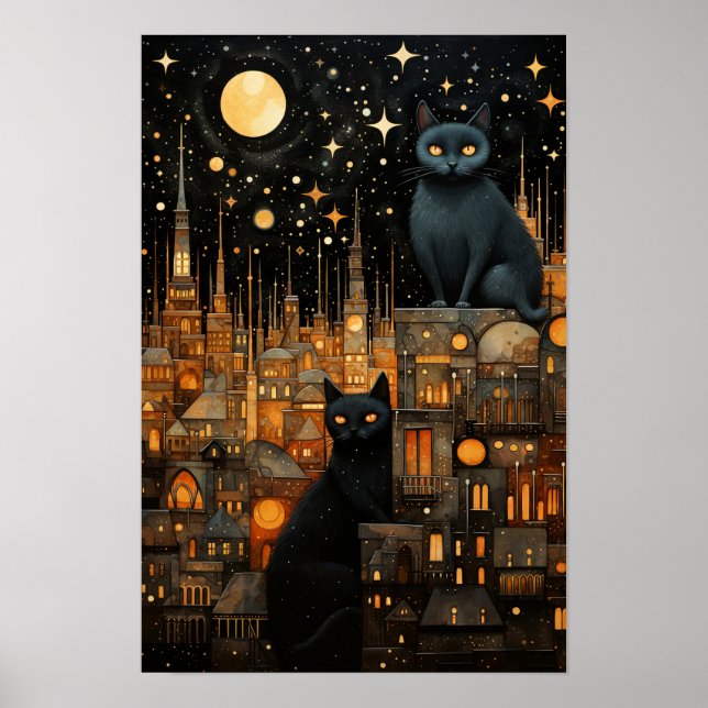 Starry Night Cats: Cosmic City Rooftop Art Poster (Front)